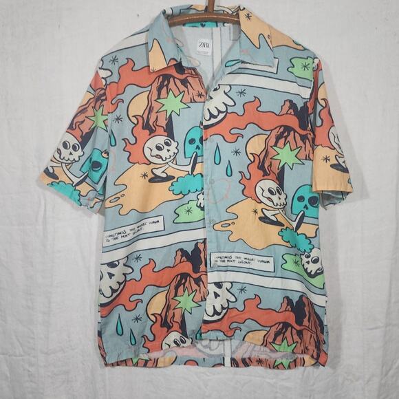 ZARA Mens sz M Multicolor Comic Printed Short Sleeve Button-Up Shirt - Picture 1 of 5